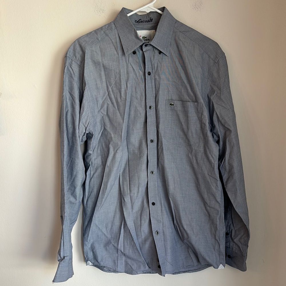 Lacoste Men Blue gray neutral preppy work casual cotton button down Shirt 40/LG